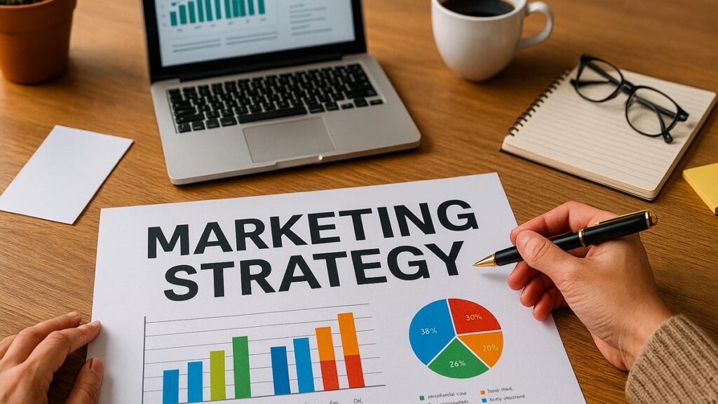 Donna seduta alla scrivania mentre pianifica una strategia di marketing con laptop, blocco appunti e post-it