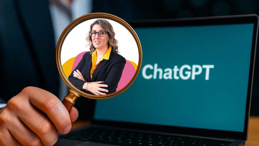 Professionista freelance visualizzata attraverso una lente con la scritta ChatGPT sullo sfondo