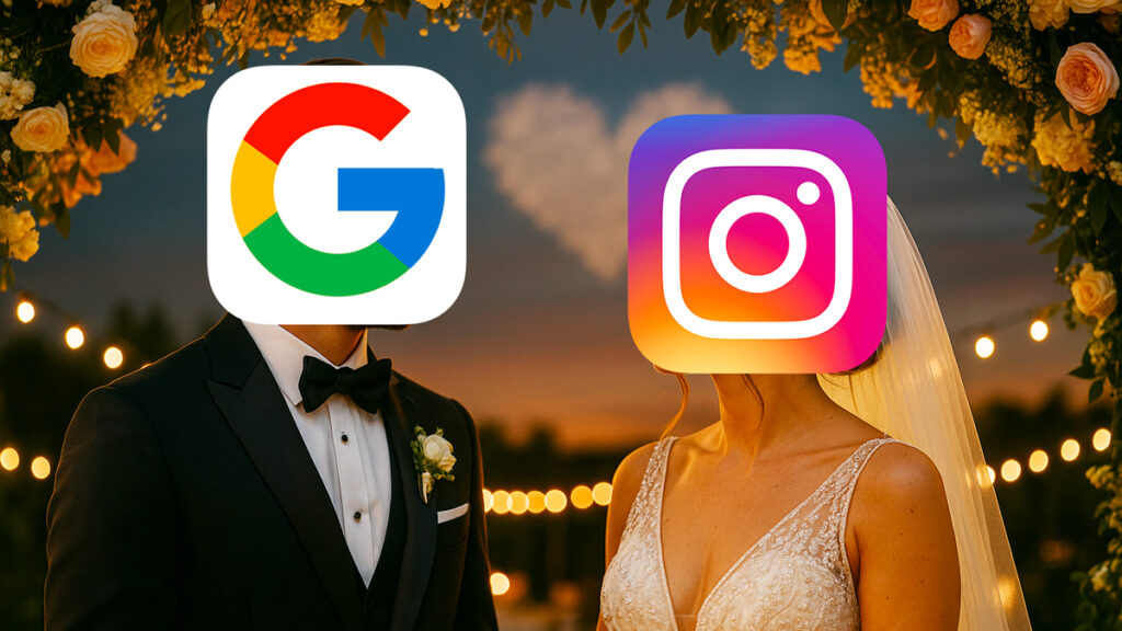 Una coppia di sposi sotto un arco floreale al tramonto, simbolo della fusione tra Instagram e Google
