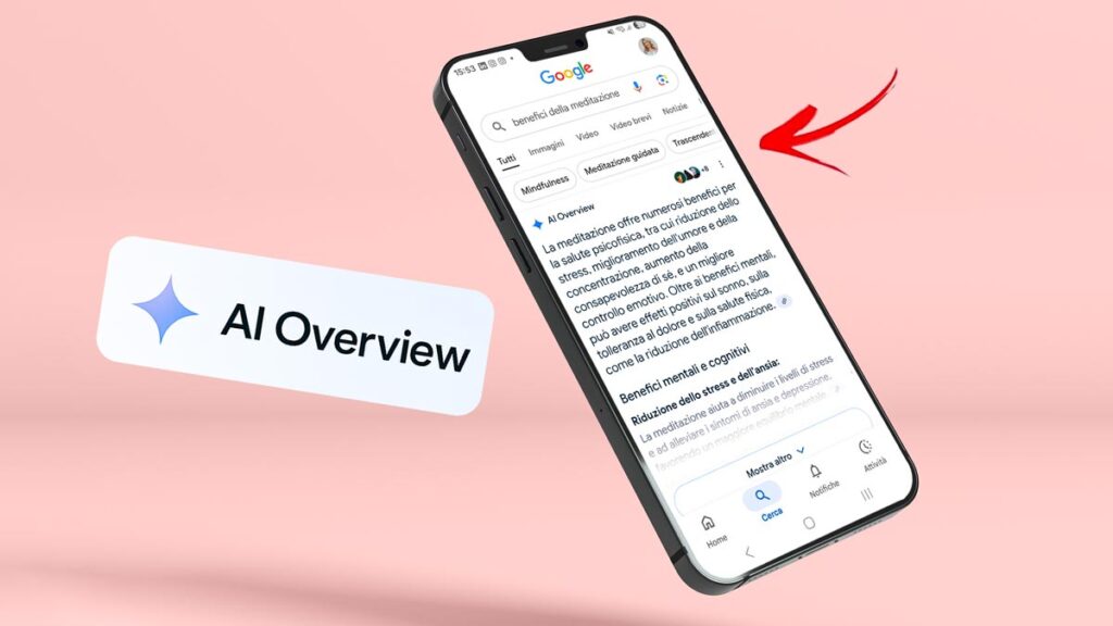 Schermata di Google AI Overview visualizzata su uno smartphone, esempio di ricerca con risultati generati dall’intelligenza artificiale.