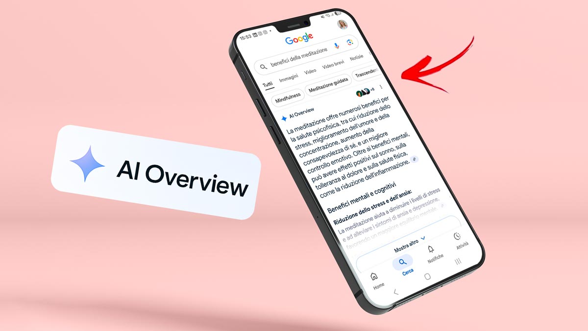 Schermata di Google AI Overview visualizzata su uno smartphone, esempio di ricerca con risultati generati dall’intelligenza artificiale.
