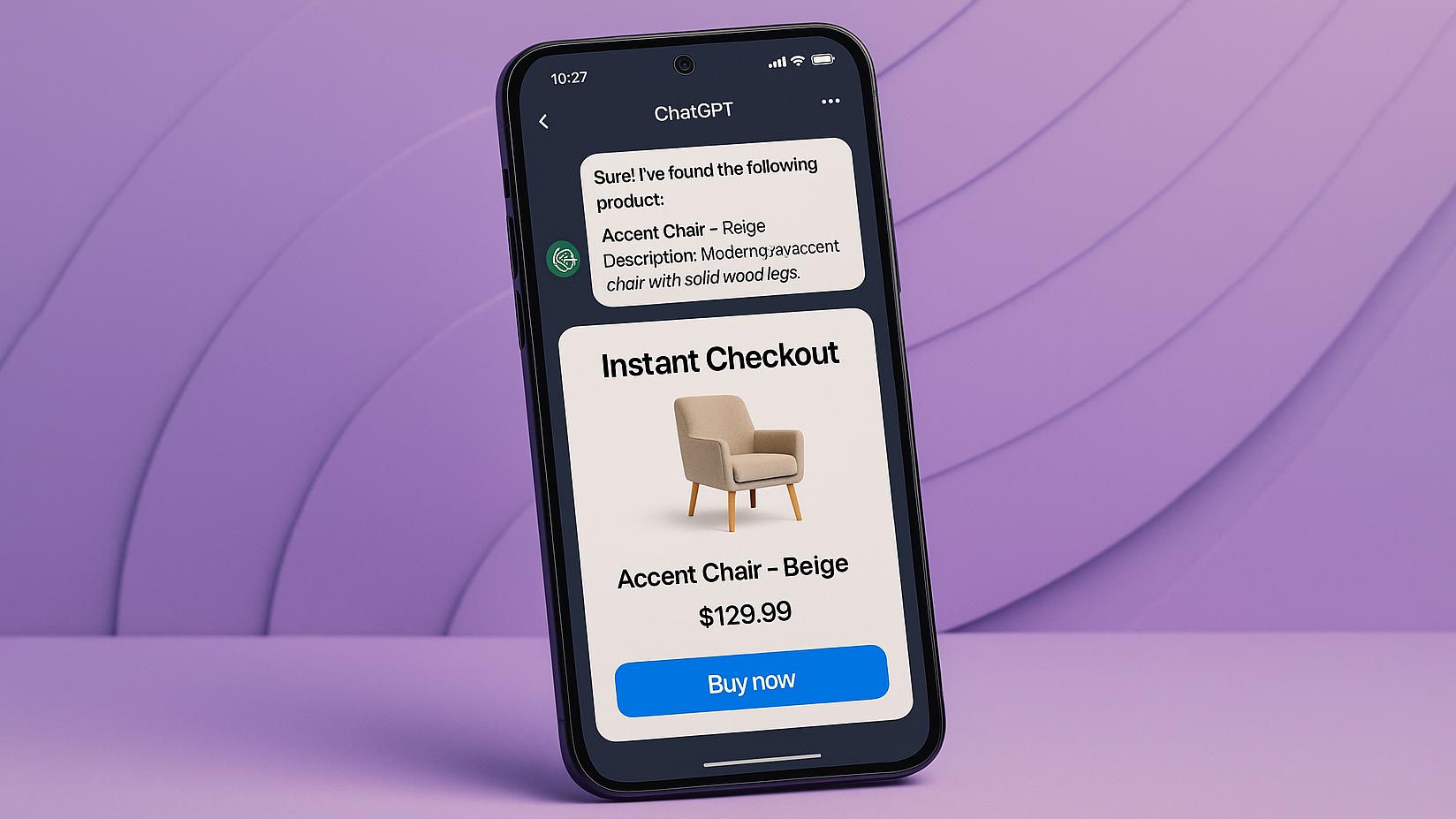 Smartphone con schermata Instant Checkout in ChatGPT su sfondo viola, simbolo dell’acquisto diretto in chat