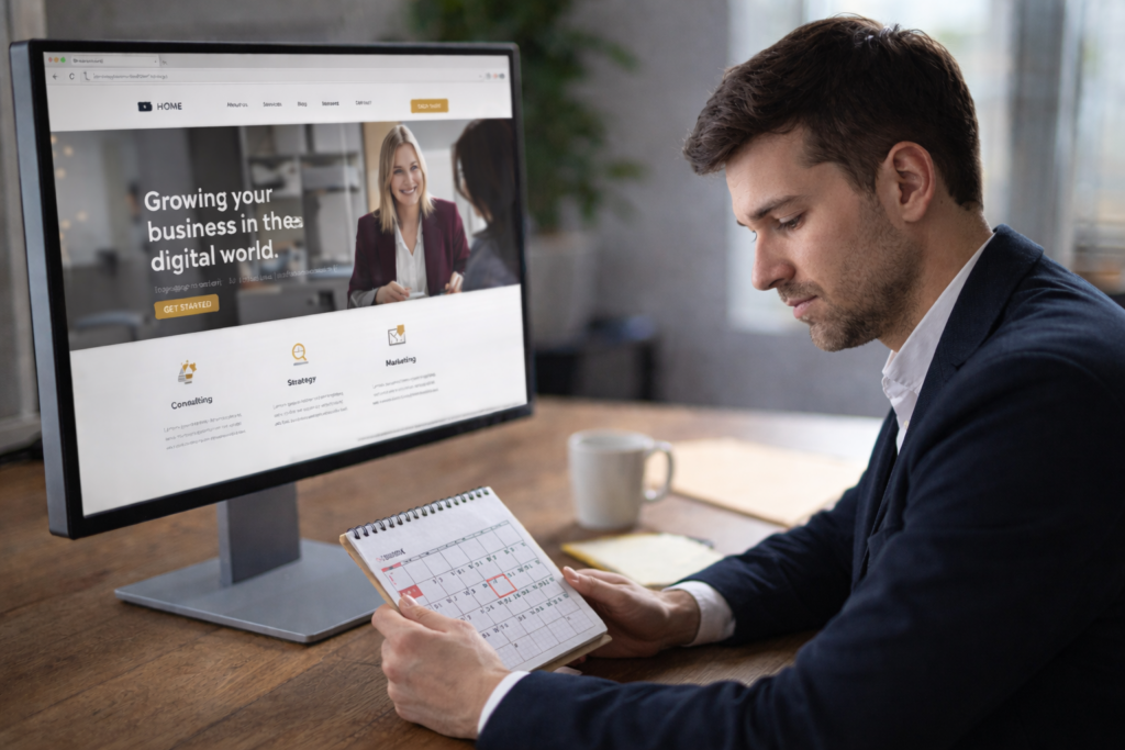 Quanto tempo ci vuole perché un sito web porti clienti, un professionista monitora il sito web mentre controlla il calendario, a indicare il tempo necessario perché un sito inizi a portare clienti