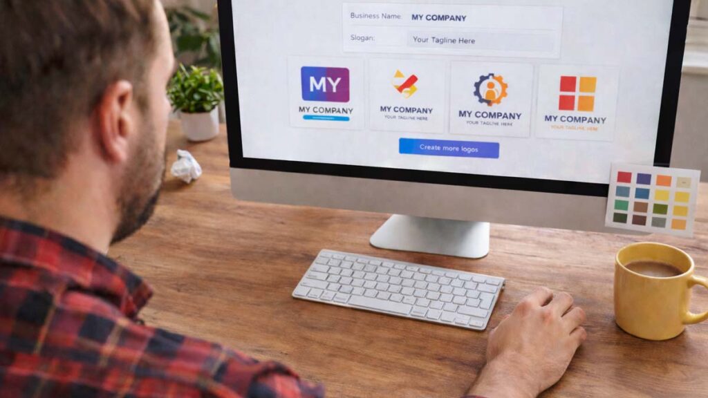 Errori comuni nel design fai da te: uomo che crea un logo con strumenti online amatoriali