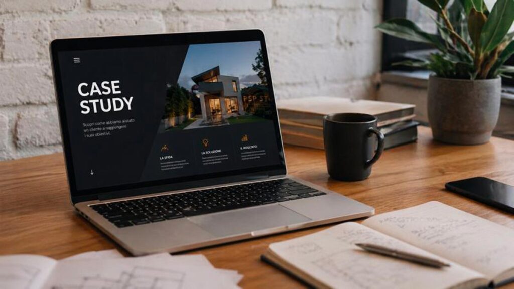 Case study progetti digitali mostrato su laptop in una scrivania moderna con taccuino e caffè