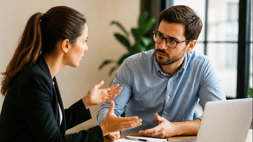 Confronto tra cliente e professionista durante una riunione di lavoro in ufficio