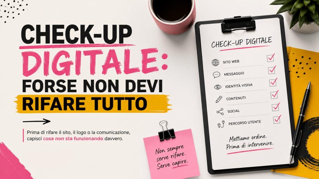 Grafica dedicata al Check-up digitale di Sara Rota Design per analizzare sito, brand, contenuti e presenza online prima di rifare tutto.