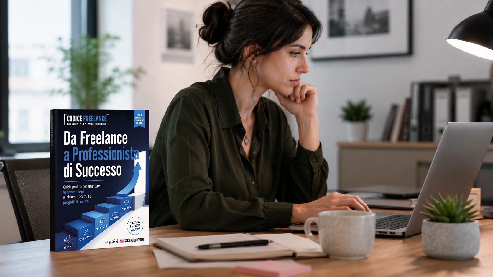 Professionista al lavoro accanto alla guida Da Freelance a Professionista di Successo di Codice Freelance