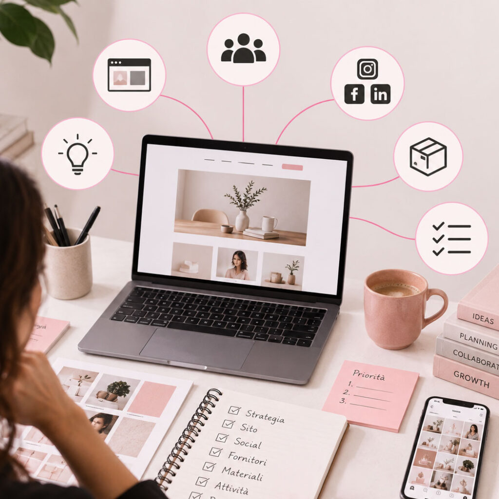 Scrivania con sito web, social, fornitori, materiali e priorità collegati in un unico progetto di direzione digitale