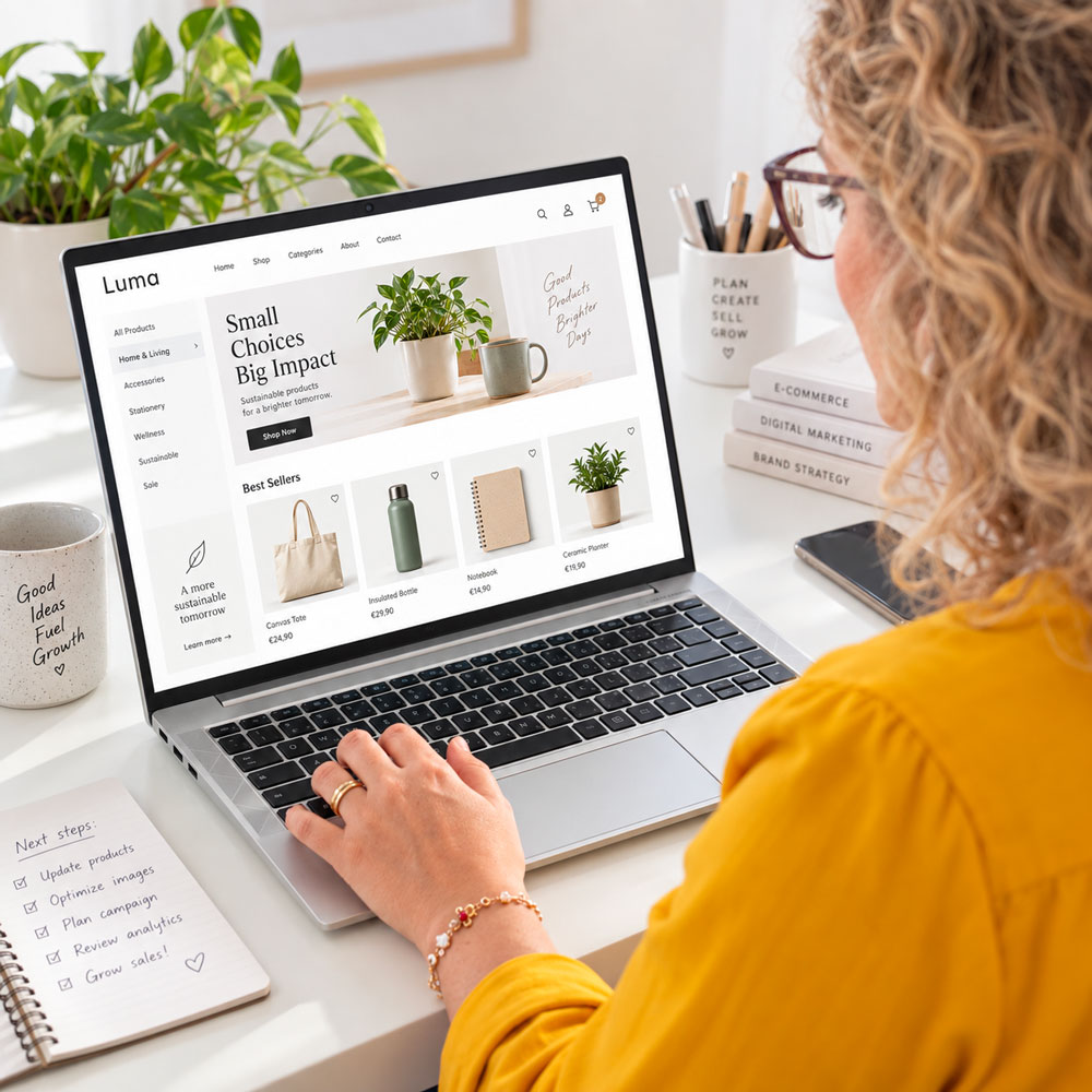 Sara Rota al computer mentre lavora su un e-commerce con prodotti, categorie e percorso di acquisto