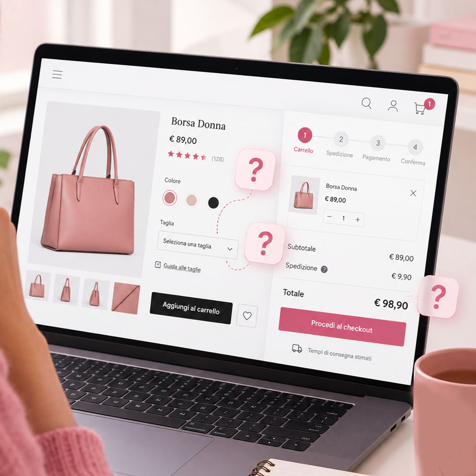 Cliente davanti a un e-commerce con dubbi su varianti, spedizione e checkout durante il percorso di acquisto