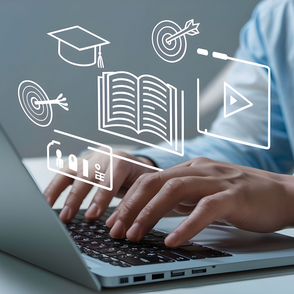 Computer portatile con simboli di formazione online, e-learning e apprendimento digitale
