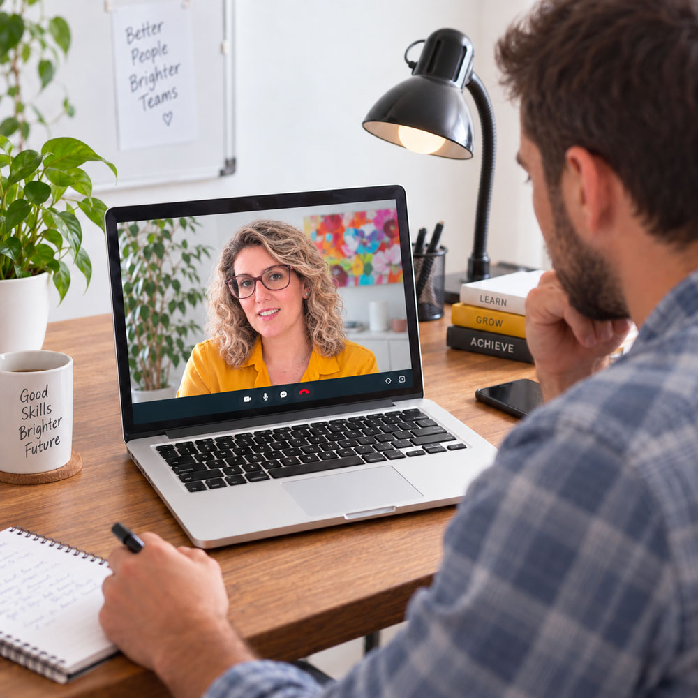 Videocall di formazione digitale e AI con Sara Rota Design seguita da un professionista al computer.