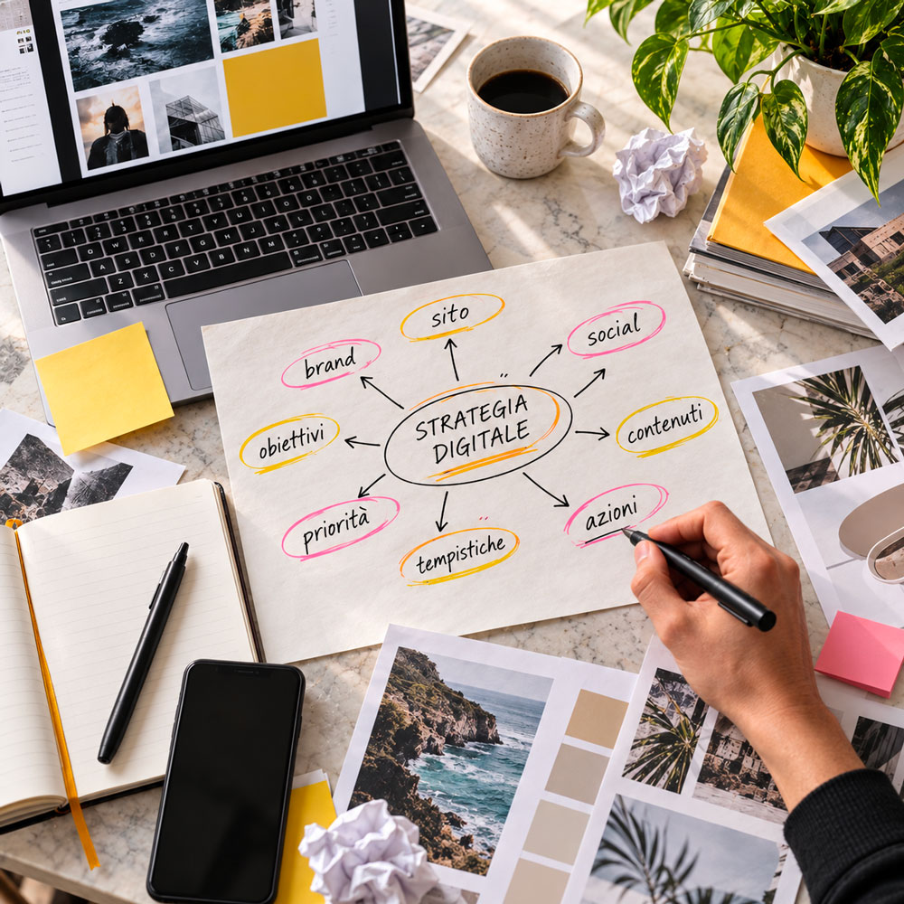 Mappa visiva della strategia digitale con appunti, priorità e obiettivi per organizzare un progetto digitale.