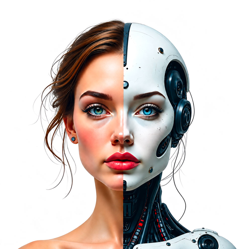 Volto metà umano e metà robot per rappresentare la formazione digitale e AI